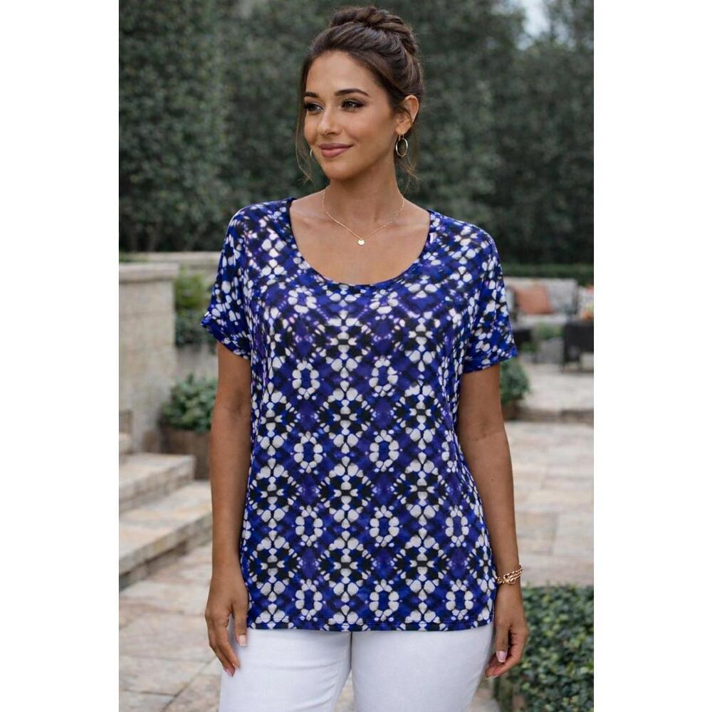 Chico’s Women's Purple White Black Batik Scoop Neck Slinky Stretch Tee Top, Lg